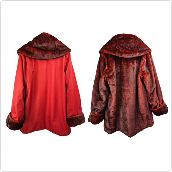 Dennis Basso Women's Reversible Burgundy Faux Fur/Red Parka Coat Size L - Picture 2 of 11